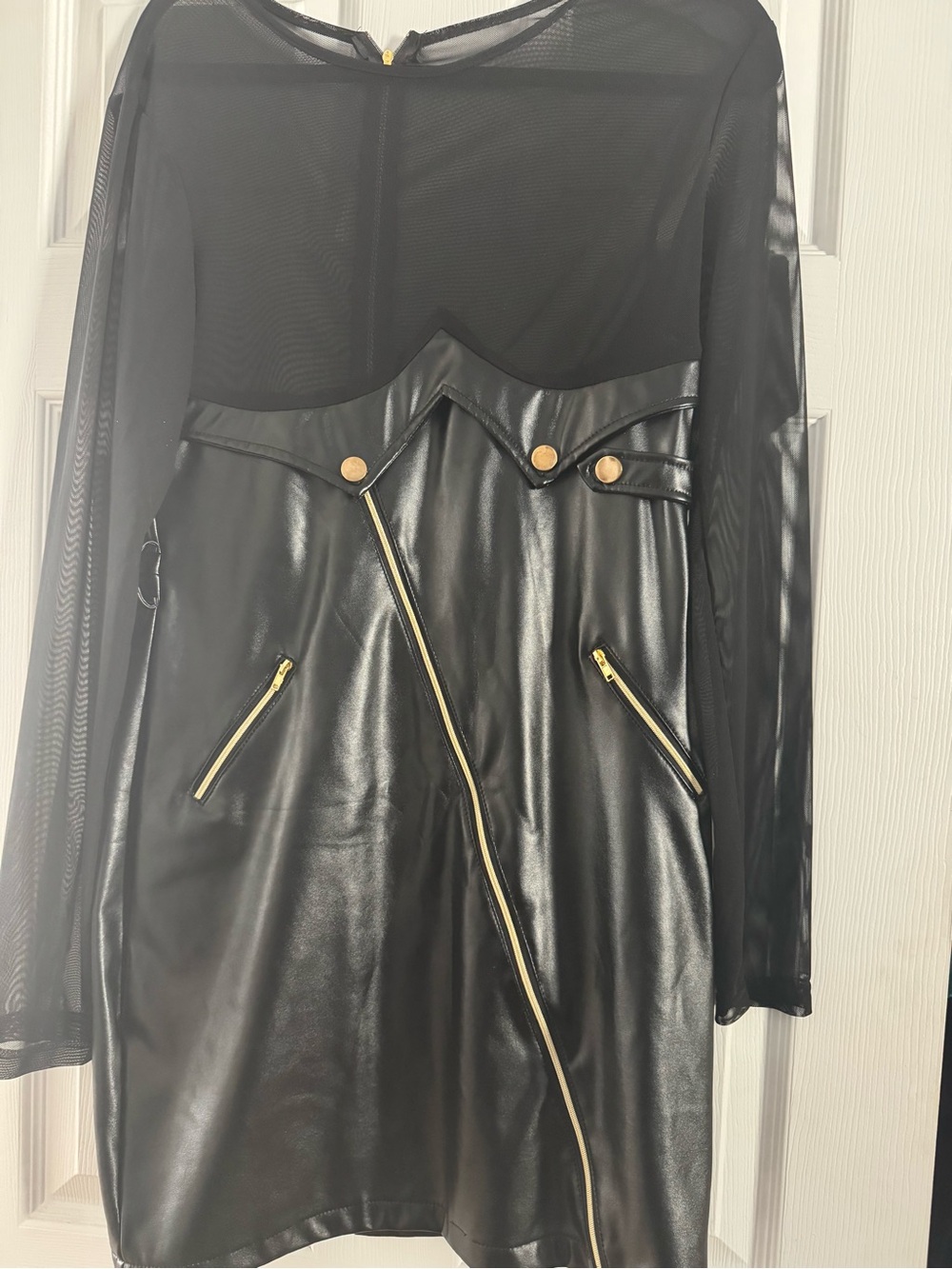 Black Faux Leather & Mesh Gold Zip Mini Dress